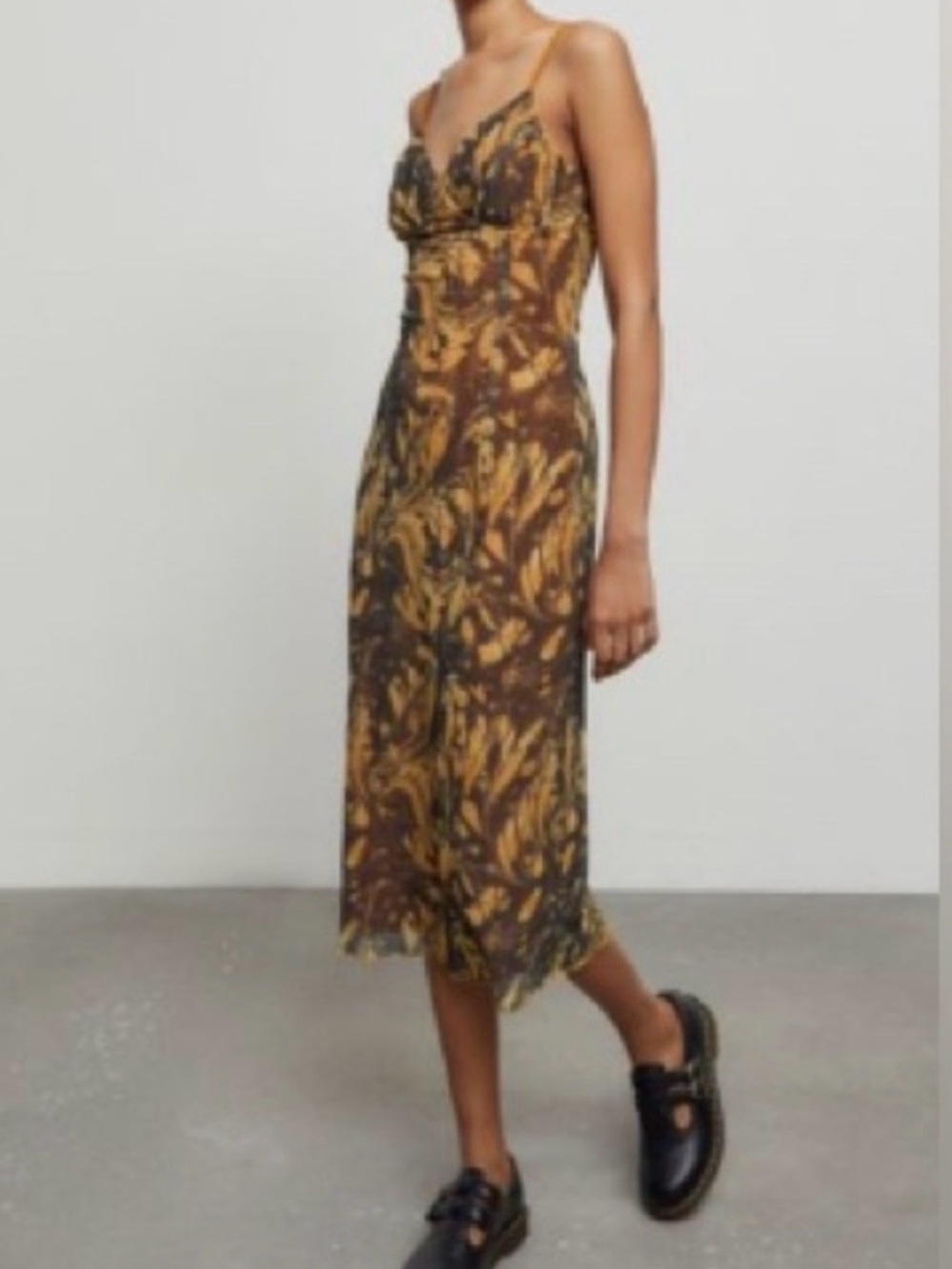 Urban Outfitters Brown & Mustard Floral Spaghetti-Strap Midi Dress